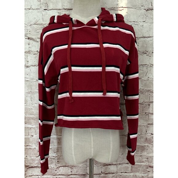 NEW Charlotte Russe Women's Small Cropped Hoodie Pullover Knit Red Striped - Picture 1 of 4